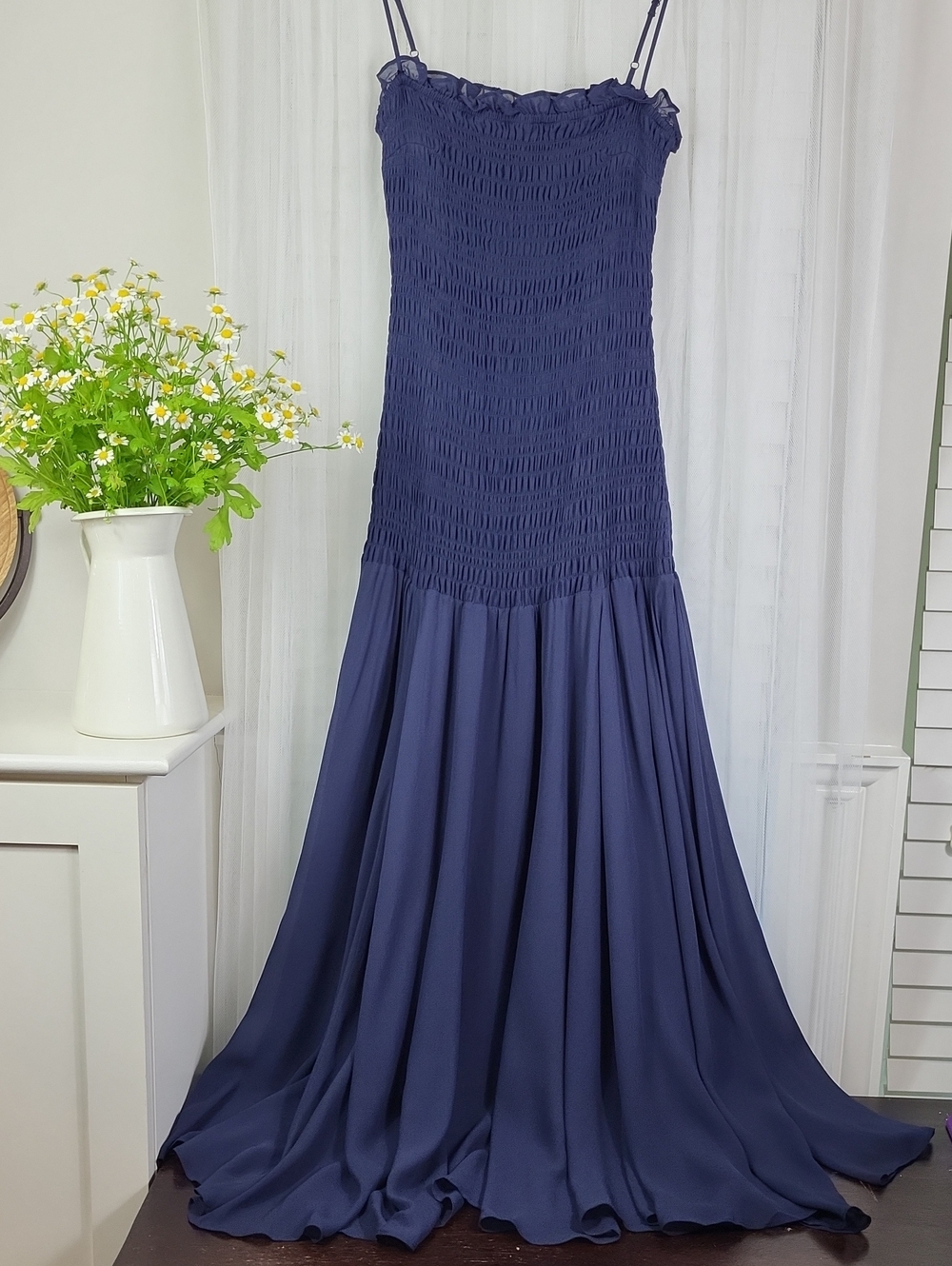 J. Crew Collection Smocked Chiffon Navy Maxi Dress with Spaghetti Straps. Size 8 - Picture 2 of 12